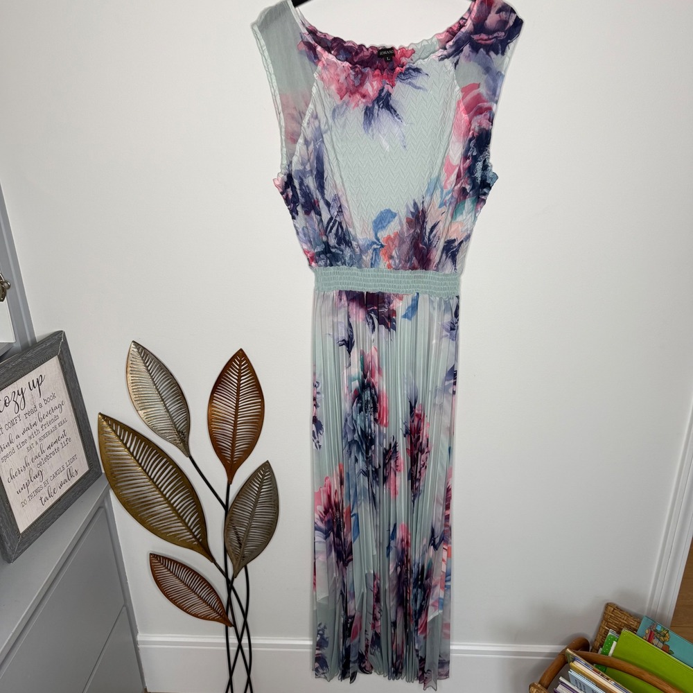 K5 Komarov Floral Pleated Maxi Dress Mint Pink Blue Smocked Waist Womens Large